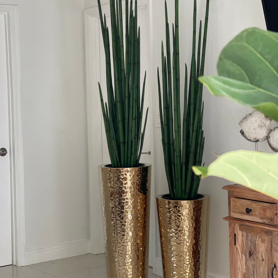 Konische Vase aus goldfarbenem Edelstahl mit großem Schlangengras